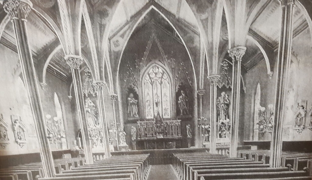 The Interior of Holy Trinity church that once stood on the corner of Main and Walnut street in Somersworth, NH and was referred to as the Little Cathedral. 